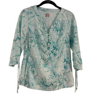 Columbia PFG Women’s Turquoise & White Tropical Floral Blouse 3/4 Sleeves Size S